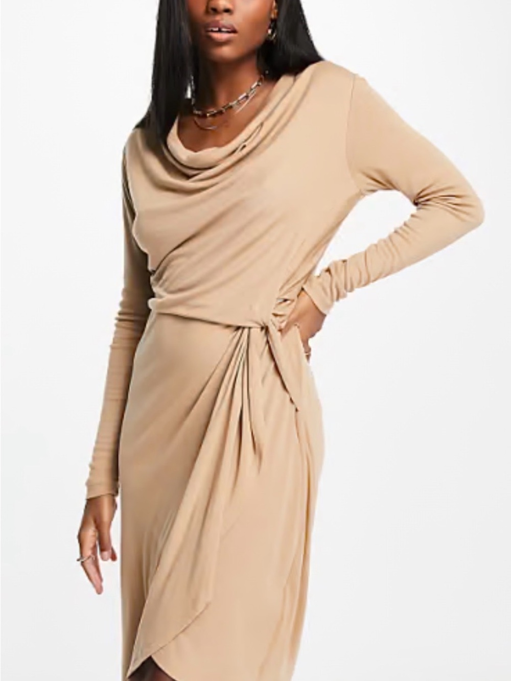 Ted Baker Draped Tie-Waist Long-Sleeve Dress in Beige